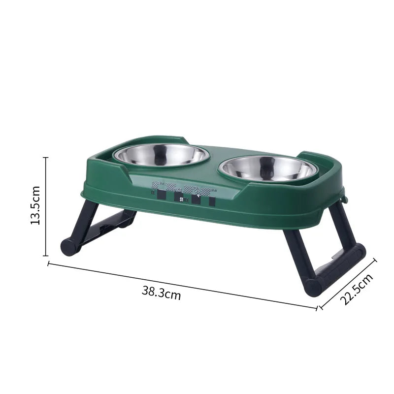 Pet Folding Elevated Bowl, Dog Anti Rollover Adjustable Stainless Steel Food Bowl, Pet Detachable and Washable Double Bowl