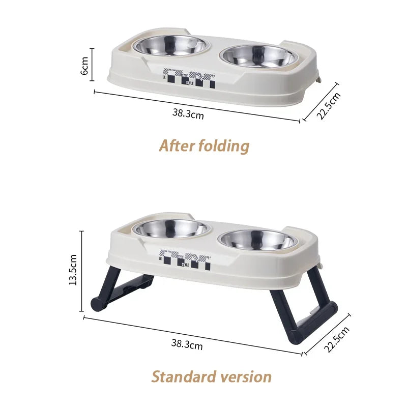 Pet Folding Elevated Bowl, Dog Anti Rollover Adjustable Stainless Steel Food Bowl, Pet Detachable and Washable Double Bowl