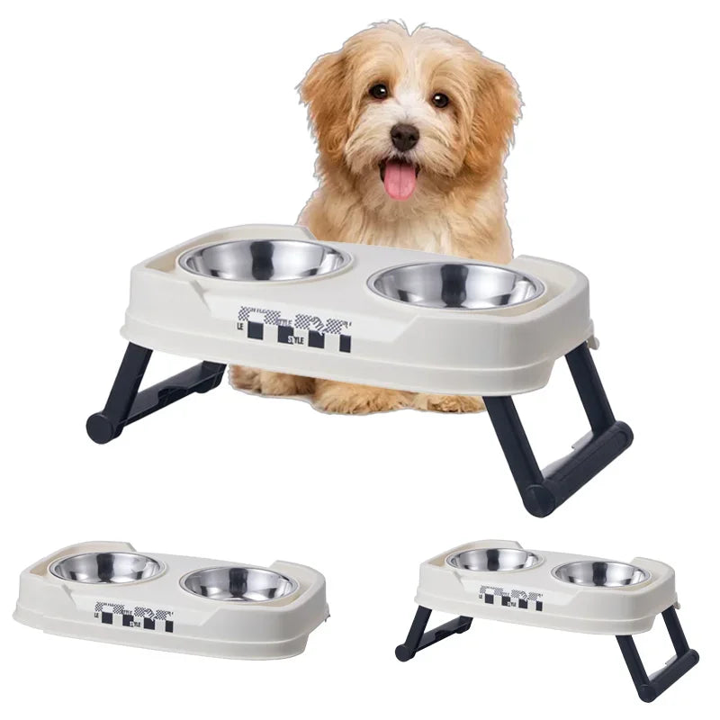 Pet Folding Elevated Bowl, Dog Anti Rollover Adjustable Stainless Steel Food Bowl, Pet Detachable and Washable Double Bowl