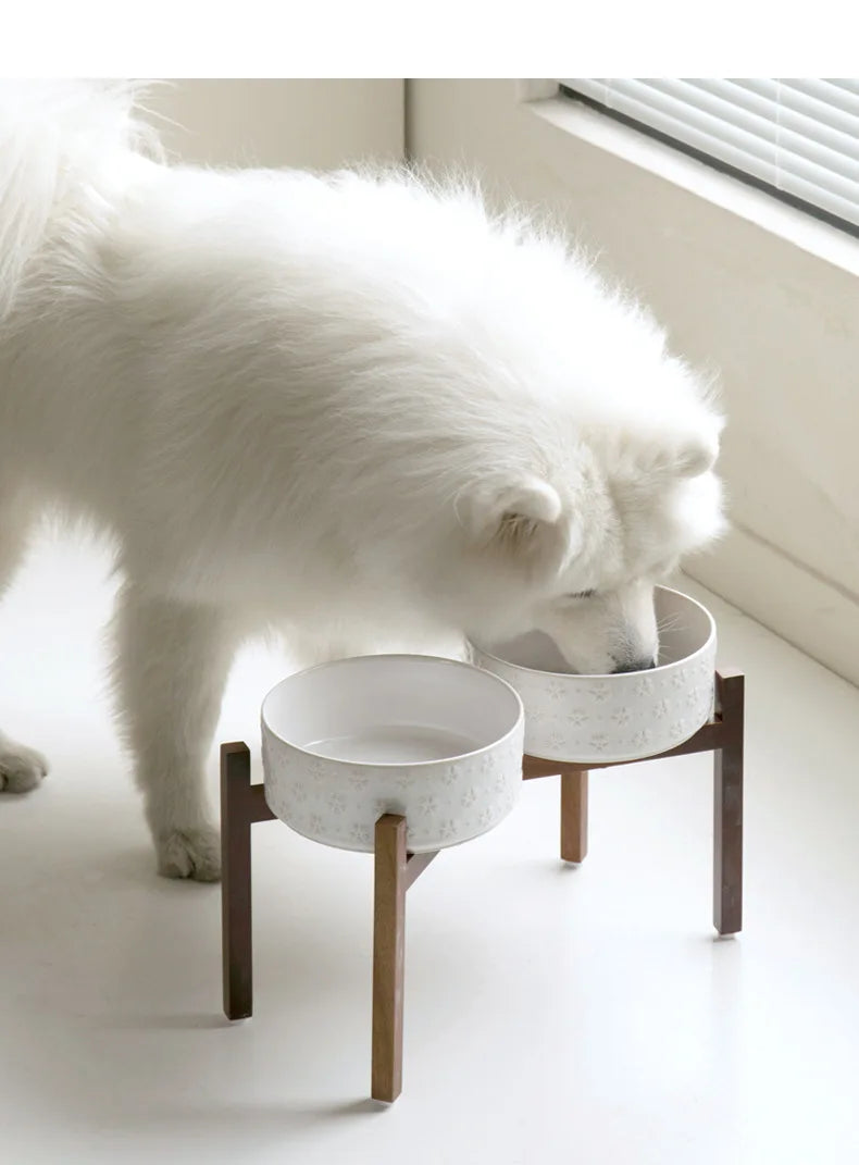 Ceramic Dog Bowl Set with Wooden Stand 1200ml 1800ml Anti Slip Pet Feeder for Medium Large Dogs Elevated Double Food Water Dish