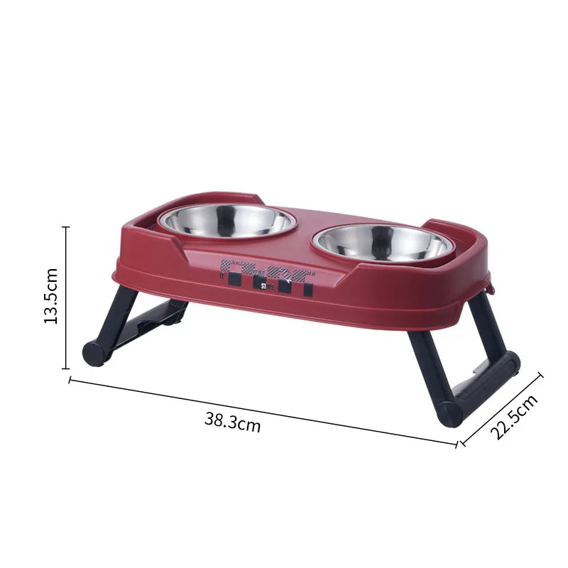 Pet Folding Elevated Bowl, Dog Anti Rollover Adjustable Stainless Steel Food Bowl, Pet Detachable and Washable Double Bowl