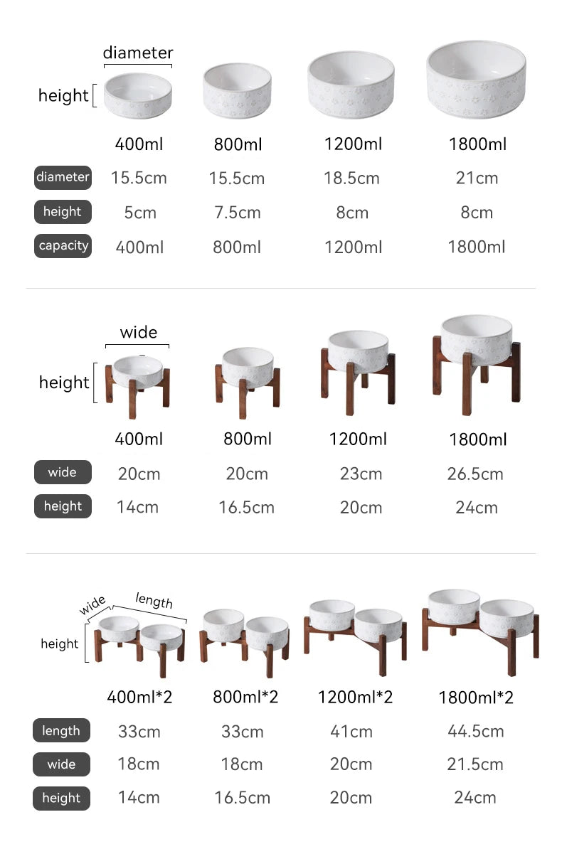 Ceramic Dog Bowl Set with Wooden Stand 1200ml 1800ml Anti Slip Pet Feeder for Medium Large Dogs Elevated Double Food Water Dish