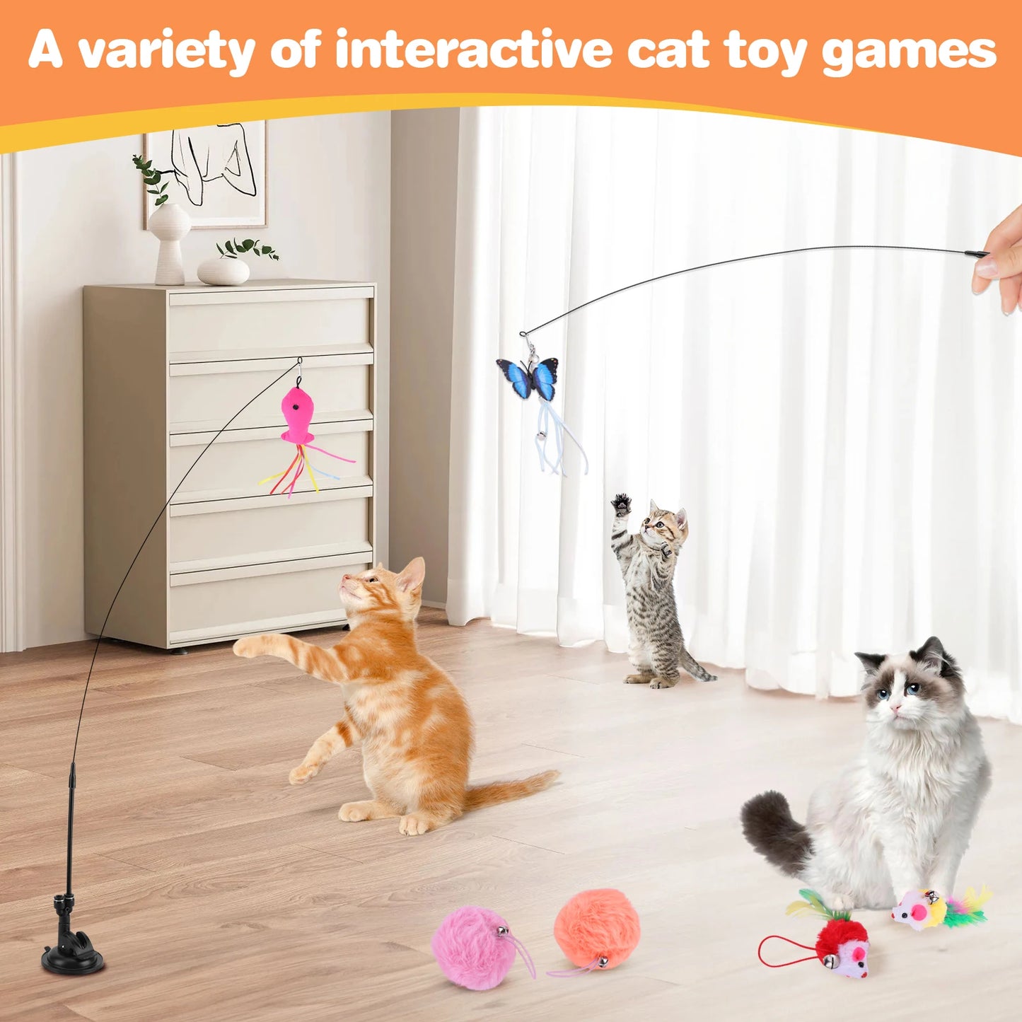 Pet Cat Toy Set Teaser Stick Set Multifunction Interactive Cat Toy Handfree Cat Toy Stick for Cat Training Playing Accessories