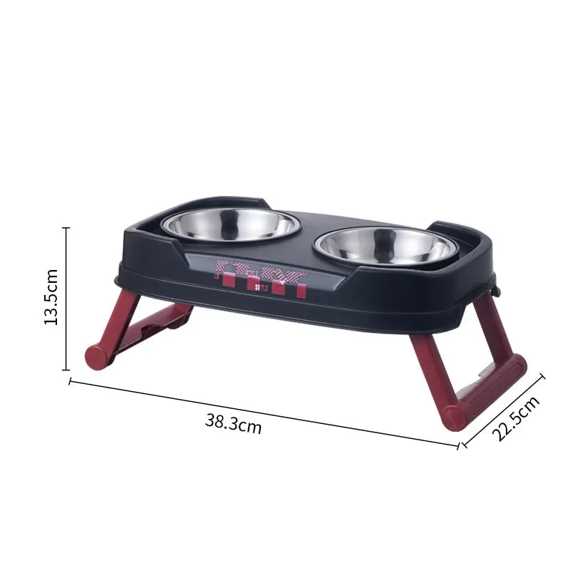 Pet Folding Elevated Bowl, Dog Anti Rollover Adjustable Stainless Steel Food Bowl, Pet Detachable and Washable Double Bowl