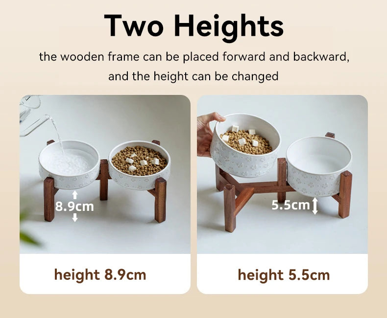 Ceramic Dog Bowl Set with Wooden Stand 1200ml 1800ml Anti Slip Pet Feeder for Medium Large Dogs Elevated Double Food Water Dish