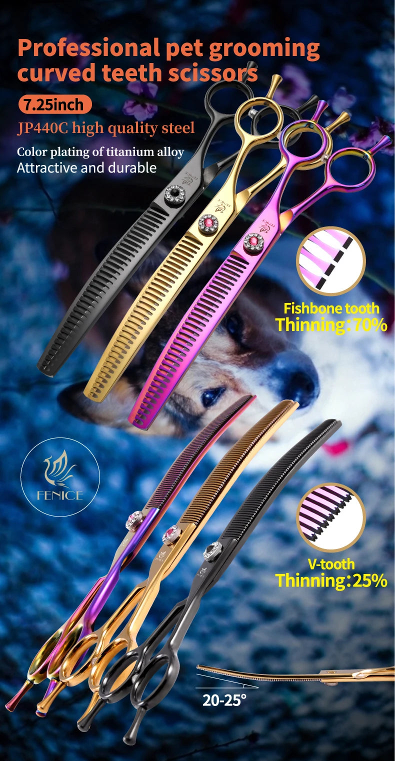 Fenice High-end 7.25 inch Professional Pet Dog Grooming Scissors Curved Thinning Chunker Shears for tijeras peluquería canina