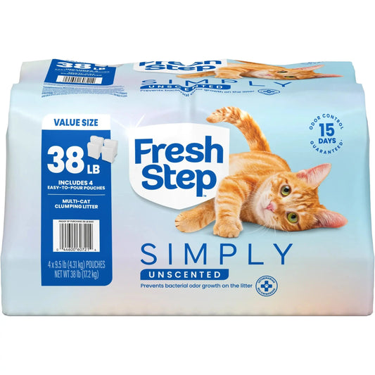 Unscented clumping cat litter for multiple cats, 38 lb total, easy-pour pouches, 4-pack