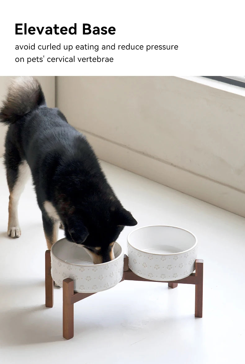 Ceramic Dog Bowl Set with Wooden Stand 1200ml 1800ml Anti Slip Pet Feeder for Medium Large Dogs Elevated Double Food Water Dish