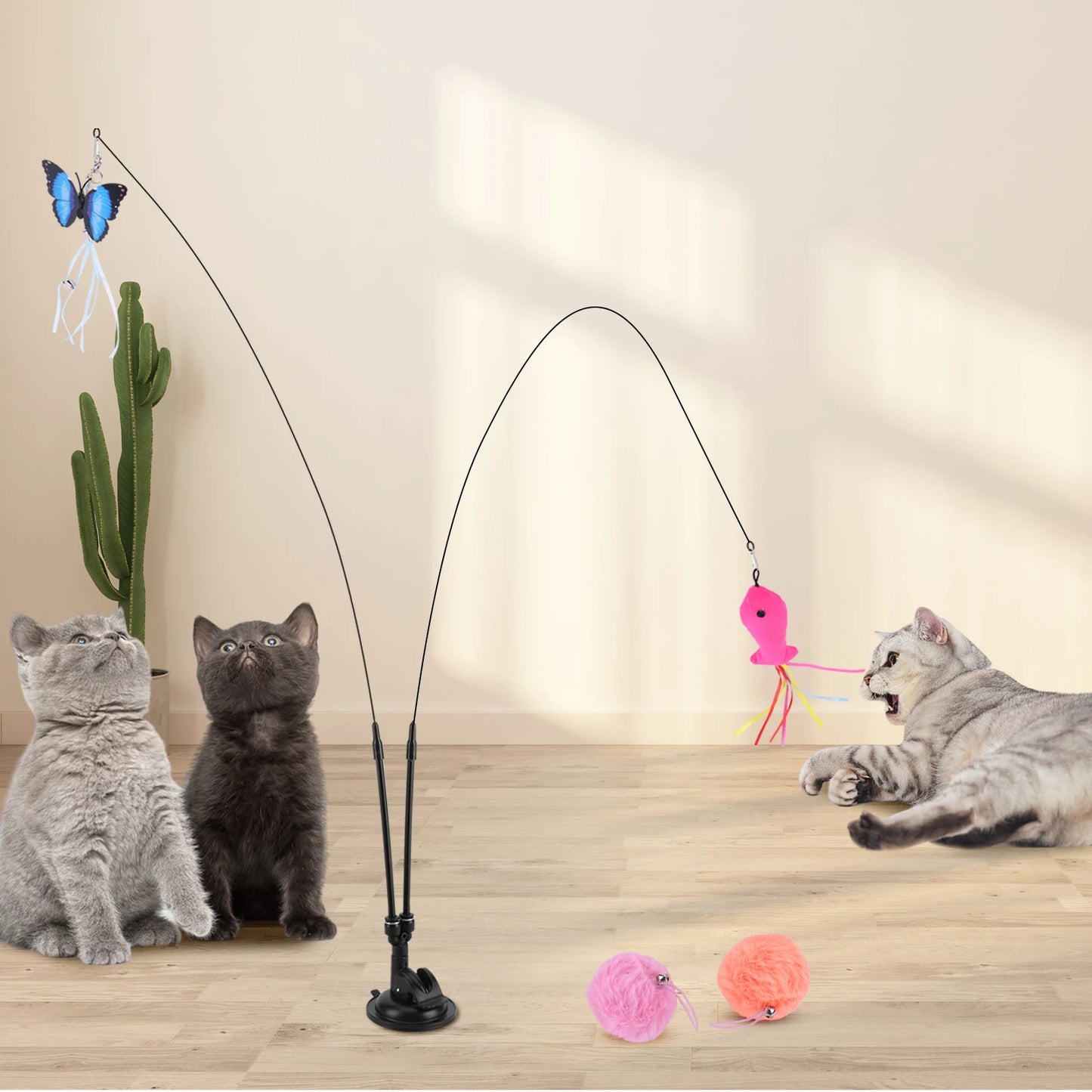 Pet Cat Toy Set Teaser Stick Set Multifunction Interactive Cat Toy Handfree Cat Toy Stick for Cat Training Playing Accessories