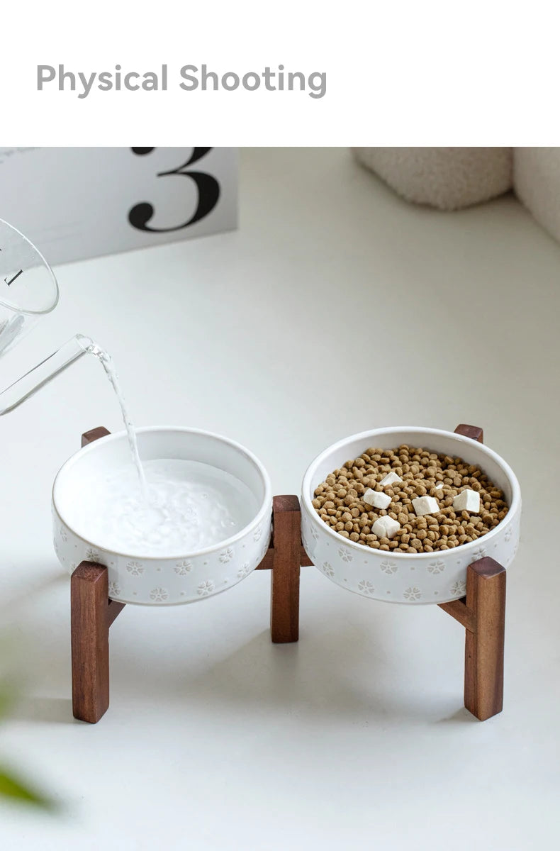 Ceramic Dog Bowl Set with Wooden Stand 1200ml 1800ml Anti Slip Pet Feeder for Medium Large Dogs Elevated Double Food Water Dish