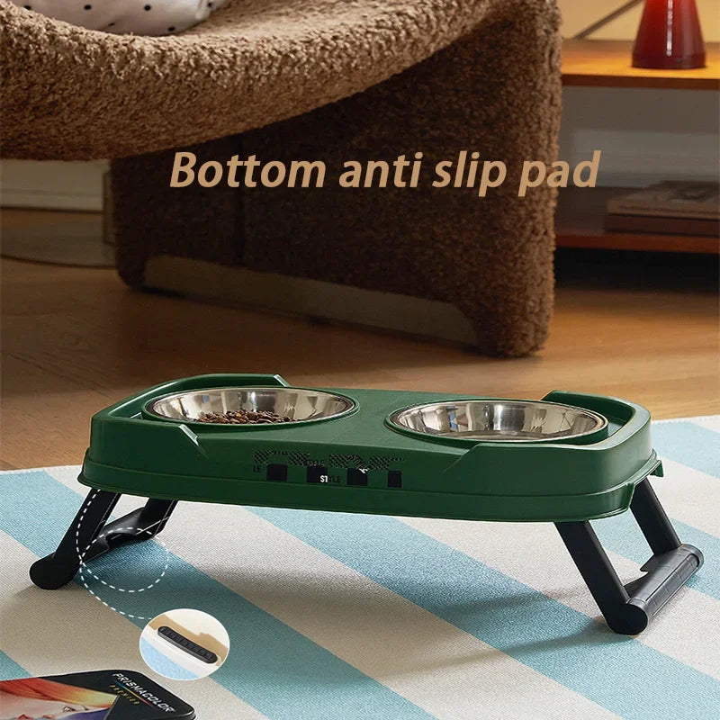 Pet Folding Elevated Bowl, Dog Anti Rollover Adjustable Stainless Steel Food Bowl, Pet Detachable and Washable Double Bowl