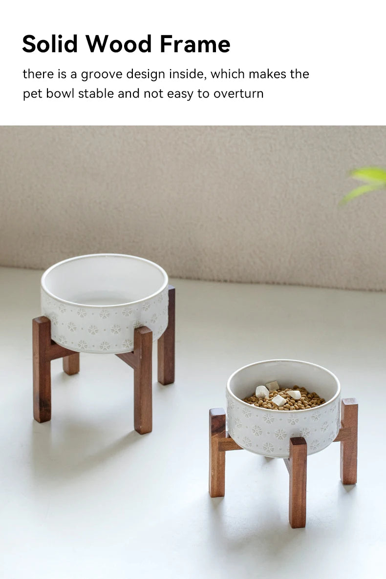 Ceramic Dog Bowl Set with Wooden Stand 1200ml 1800ml Anti Slip Pet Feeder for Medium Large Dogs Elevated Double Food Water Dish
