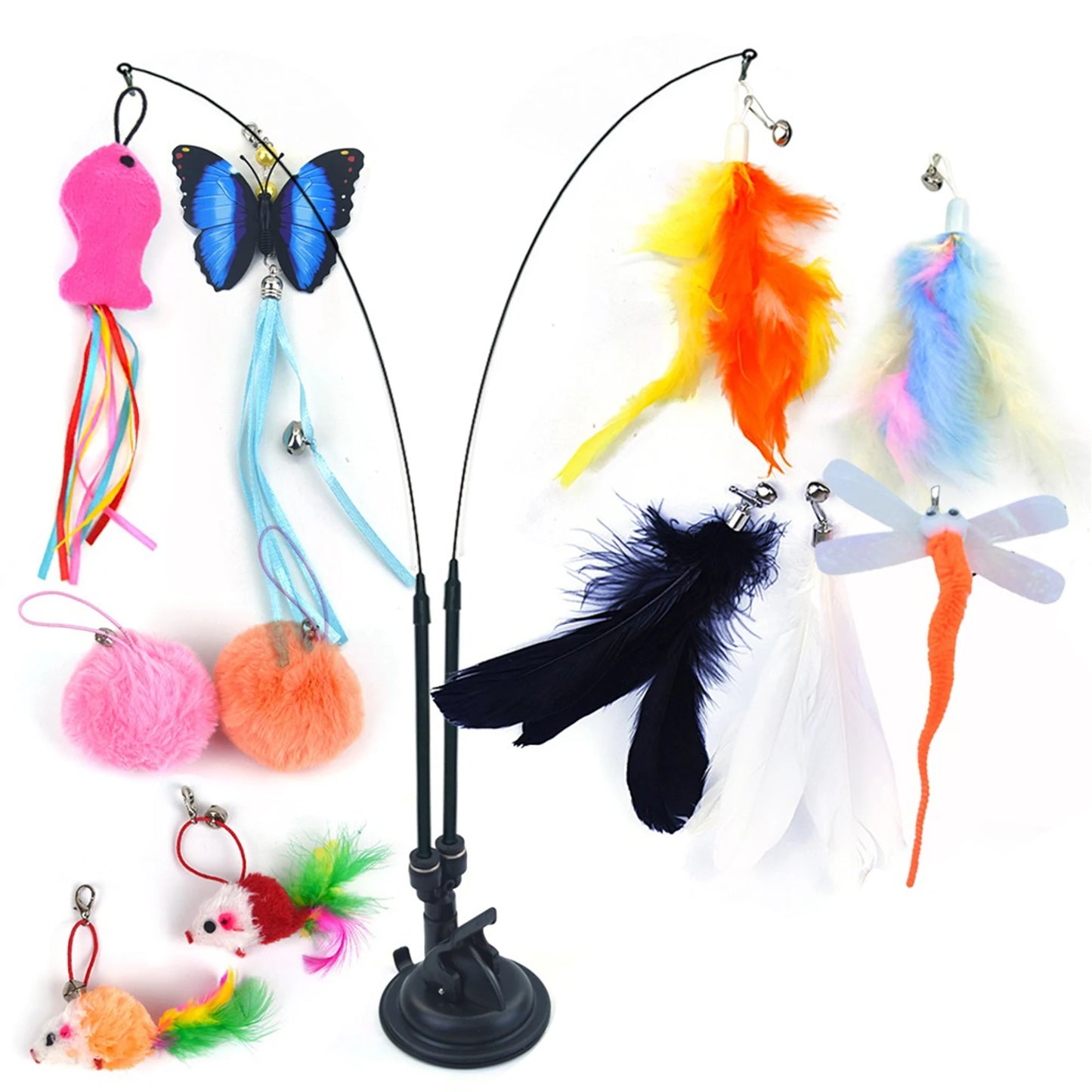 Pet Cat Toy Set Teaser Stick Set Multifunction Interactive Cat Toy Handfree Cat Toy Stick for Cat Training Playing Accessories